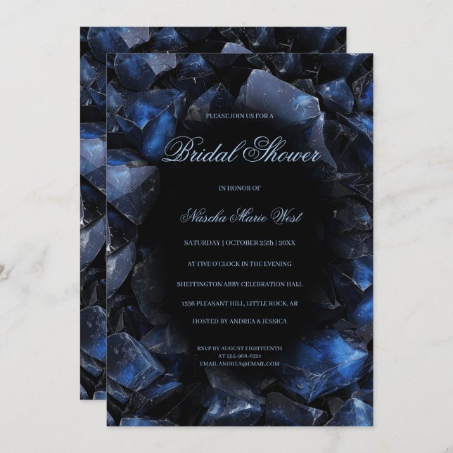 Dark Blue Boho Witch Crystals Black Bridal Shower Invitation (Front/Back)