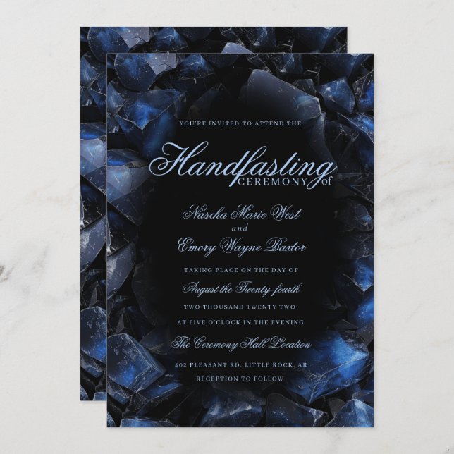 Dark Blue Boho Witch Crystals Black Handfasting Invitation (Front/Back)