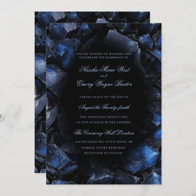 Dark Blue Boho Witch Crystals Black Wedding Invitation (Front/Back)