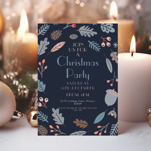 Dark Blue Botanical Christmas Party Leaves Acorns  Invitation (Creator Uploaded)