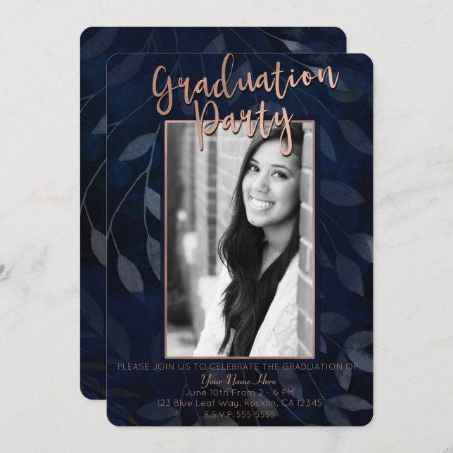 Dark Blue Botanical Leaves Modern Graduation Party Invitation (Front/Back)