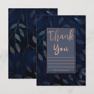Dark Blue Botanical Leaves Modern Pink Thank You Invitation