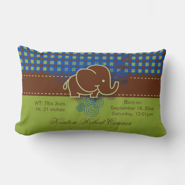 Dark Blue, Brown and Green Plaid Baby Elephant Lumbar Cushion (Front)