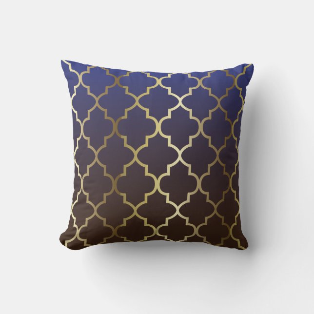 Dark Blue & Brown Blend | Gold Quatrefoil Pattern Cushion (Front)
