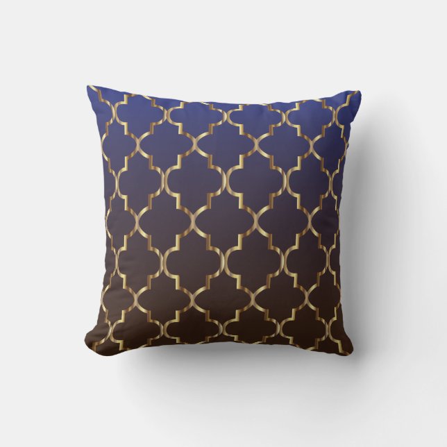 Dark Blue & Brown Blend| Golden Quatrefoil Pattern Cushion (Front)