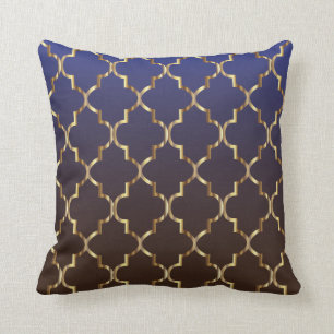 Dark Blue & Brown Blend  Golden Quatrefoil Pattern Cushion