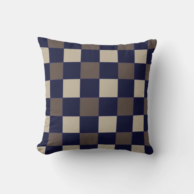 Dark Blue Brown Checks Chequerboard Pattern Cushion (Front)