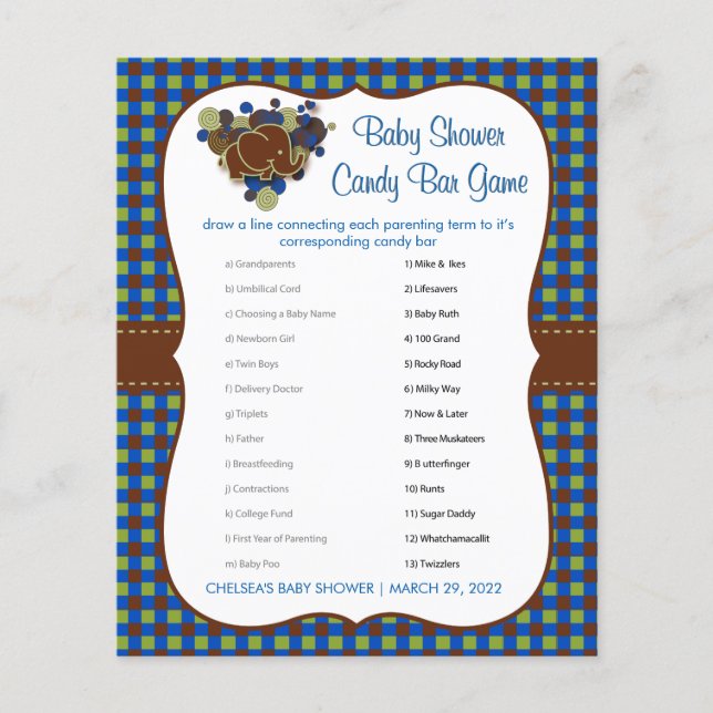 Dark Blue & Brown Elephant Baby Boy Shower Game Flyer (Front)