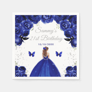 Dark Blue Brown Hair Princess Birthday Party Napkin