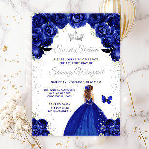 Dark Blue Brown Hair Princess Sweet Sixteen Invitation