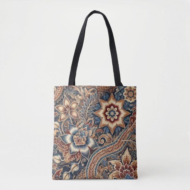 Dark Blue Brown Indonesian Batik Floral Pattern Tote Bag (Front)