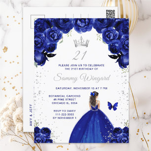 Dark Blue Brunette Hair Princess Birthday Party Postcard