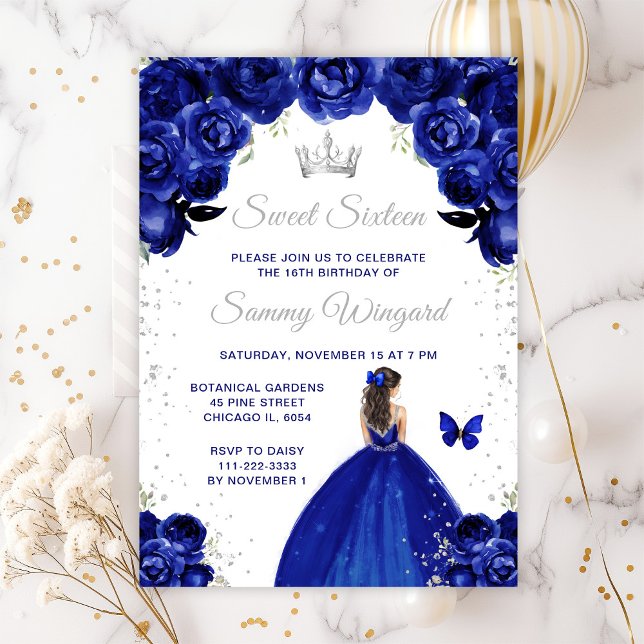 Dark Blue Brunette Hair Princess Sweet Sixteen Invitation (Creator Uploaded)