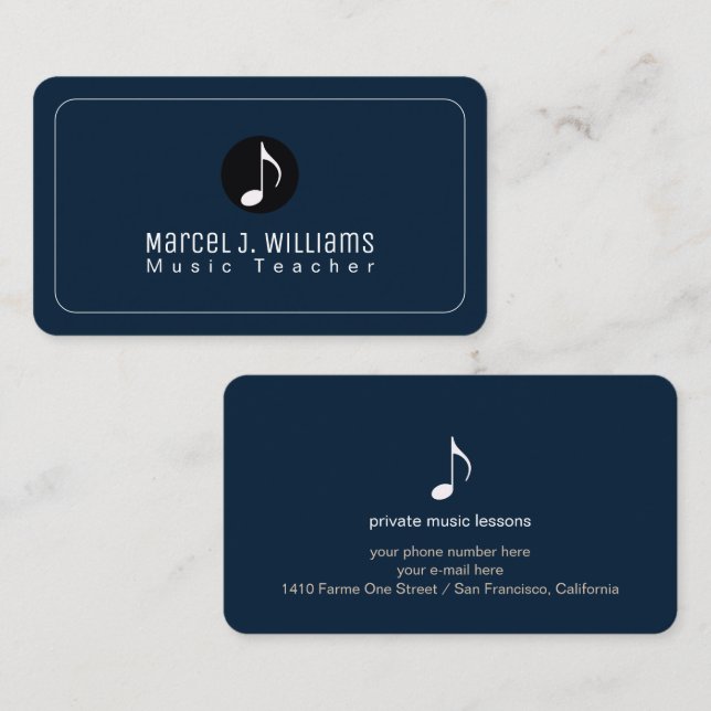 Dark Blue Business Cards With Music Note (Front/Back)