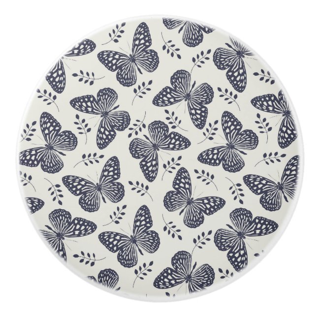 Dark blue butterfly pattern on grey background ceramic knob (Front)