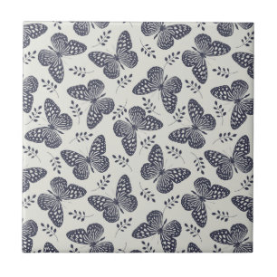 Dark blue butterfly pattern on grey background ceramic tile
