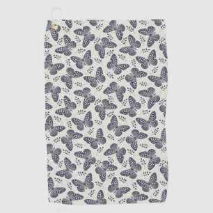Dark blue butterfly pattern on grey background golf towel