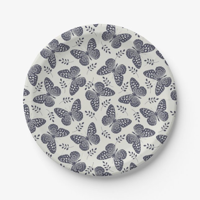 Dark blue butterfly pattern on grey background paper plate (Front)