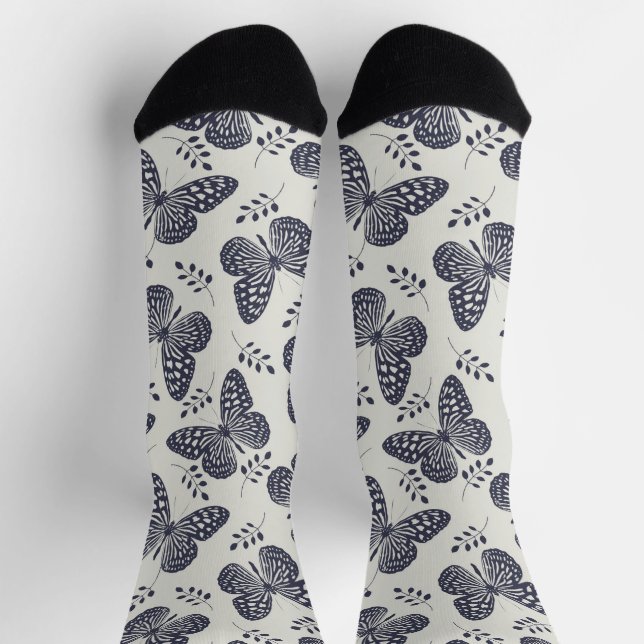 Dark blue butterfly pattern on grey background socks (Top)