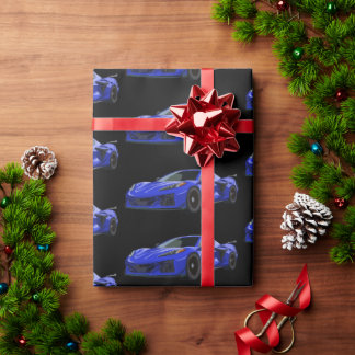 Dark Blue C8 Corvette Sports Car Hand Drawn Wrapping Paper