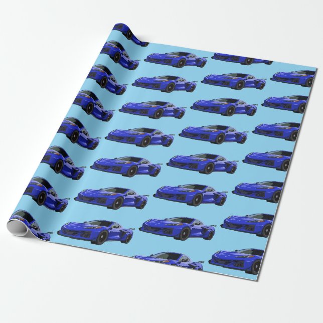 Dark Blue C8 Corvette Sports Car Hand Drawn Wrapping Paper (Unrolled)