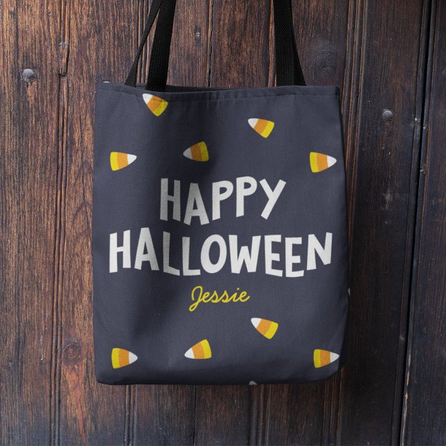 Dark Blue Candy Corn Happy Halloween Tote Bag (Creator Uploaded)