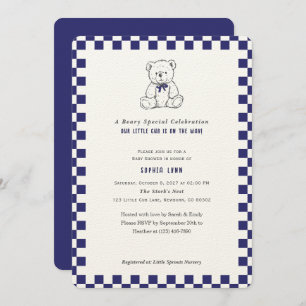 Dark Blue Checkerboard Our Little Cub Baby Shower Invitation