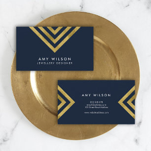 Dark Blue Chic Faux Gold Geometric Design Business Card