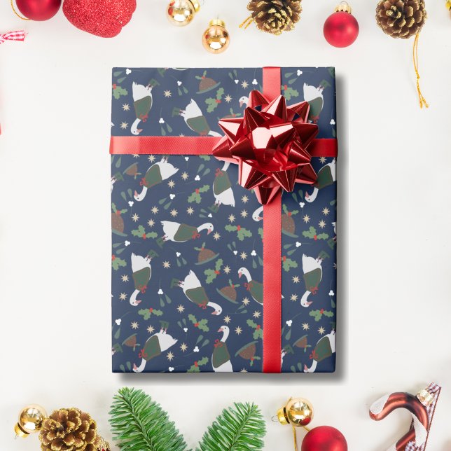 Dark Blue Christmas Goose with Figgy Pudding  Wrapping Paper (Creator Uploaded)