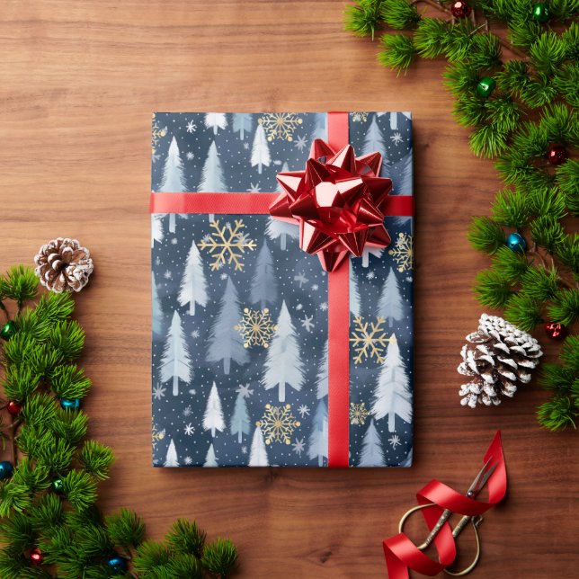Dark Blue Christmas Tree Wrapping Paper (Holiday Gift)