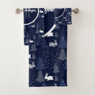 DARK BLUE CHRISTMAS WINTER TREES AND BUNNIES BATH TOWEL SET