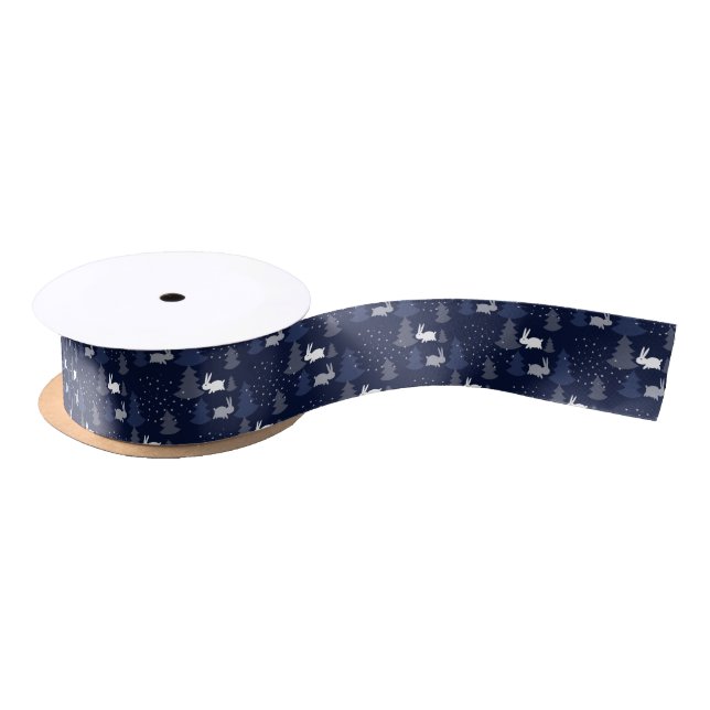 DARK BLUE CHRISTMAS WINTER TREES AND BUNNIES SATIN RIBBON (Spool)