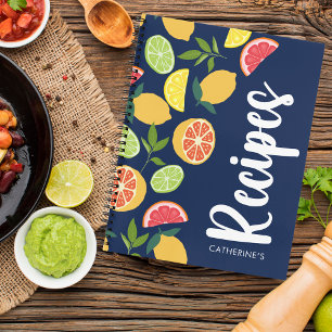 Dark Blue Citrus Lemon Orange Pattern Name Recipes Notebook
