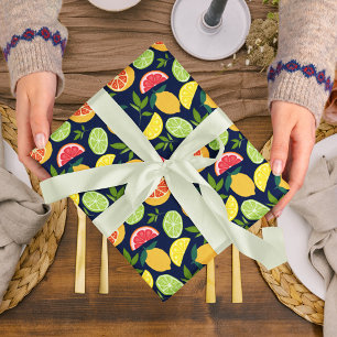 Dark Blue Citrus Lemon Orange Tangerine Pattern Wrapping Paper