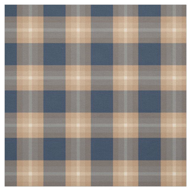 Dark Blue Coffee Tan Brown Tartan Squares Pattern Fabric (Swatch)