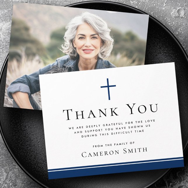 Dark blue cross border funeral sympathy photo thank you card (Dark blue cross border funeral sympathy photo thank you card)