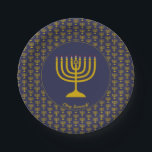 Dark Blue  Customisable | Hanukkah | MENORAH Paper Plate<br><div class="desc">Elegant dark blue MENORAH Paper Plates, showing with faux gold grey menorah in a tiled pattern. At the centre, there is an image of a large menorah which is CUSTOMIZABLE, so you can upload your own image. Underneath, the text reads CHAG SAMEACH. This is also customisable so you can add...</div>