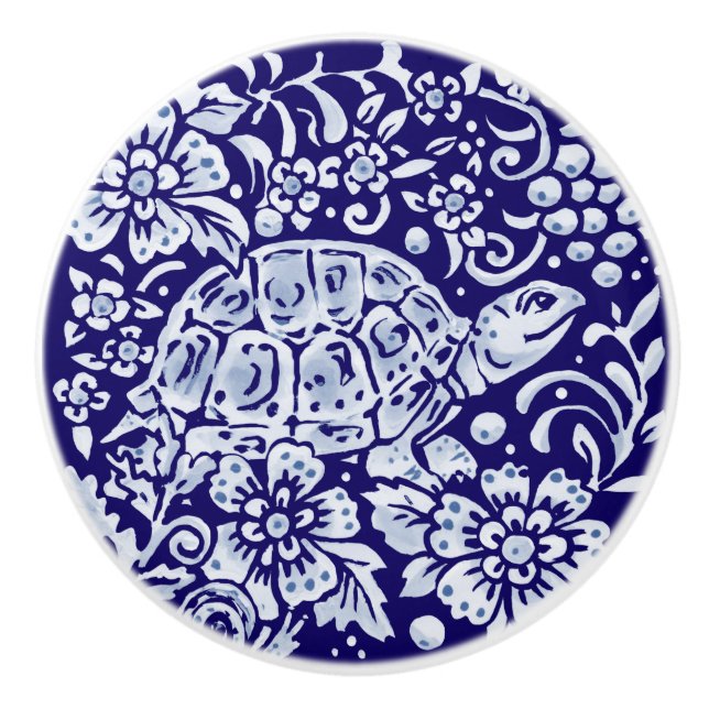 Dark Blue Cute Turtle Woodland Animal Floral Ceramic Knob (Front)