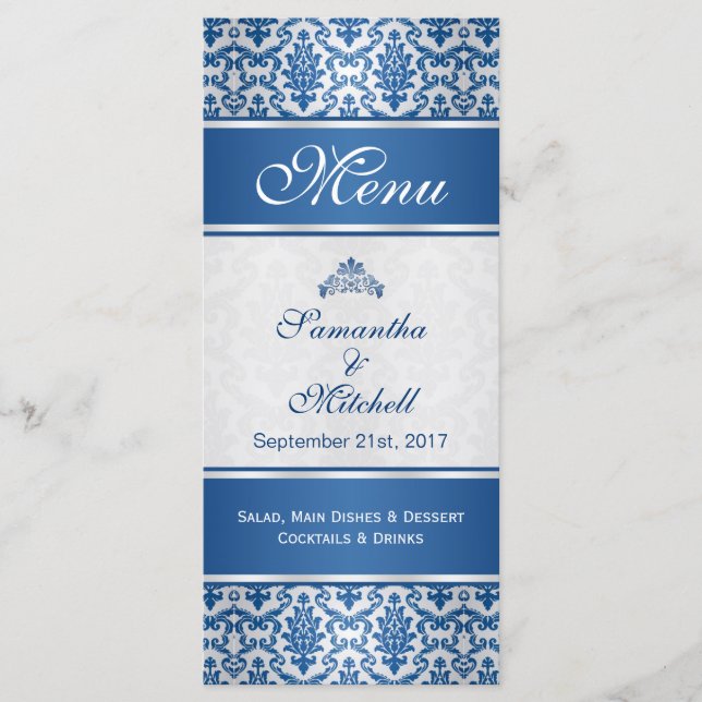 Dark blue damask on silver Menu (Front)