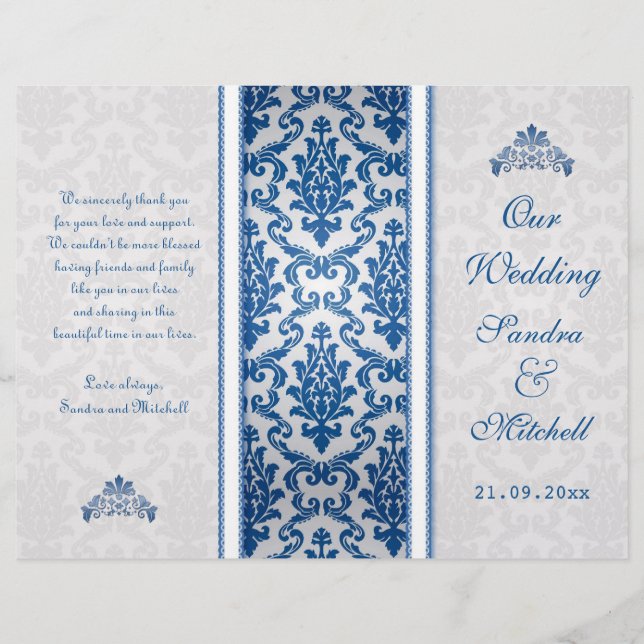 Dark blue damask on silver Wedding Program (Front)