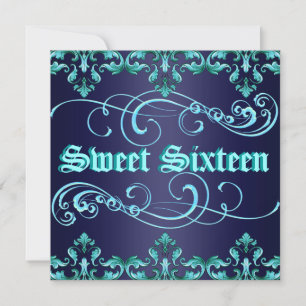 Dark Blue Damask Print Sweet 16 Birthday Invite
