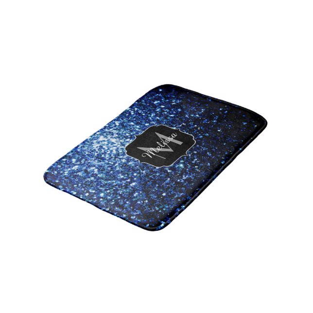 Dark Blue deep shiny faux glitter sparkle Monogram Bath Mat (Angled)