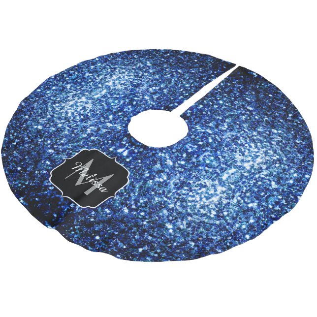 Dark Blue deep shiny faux glitter sparkle Monogram Brushed Polyester Tree Skirt (Angled)