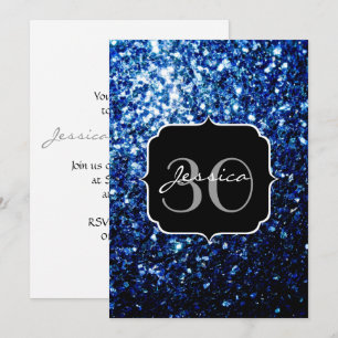 Dark Blue deep shiny faux glitter sparkle Monogram Invitation