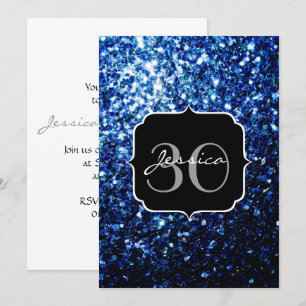 Dark Blue deep shiny faux glitter sparkle Monogram Invitation