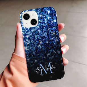 Dark Blue deep shiny faux glitter sparkle Monogram iPhone 15 Case