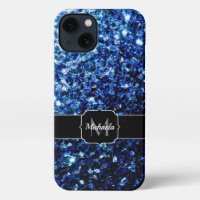 Dark Blue deep shiny faux glitter sparkle Monogram