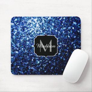 Dark Blue deep shiny faux glitter sparkle Monogram Mouse Pad