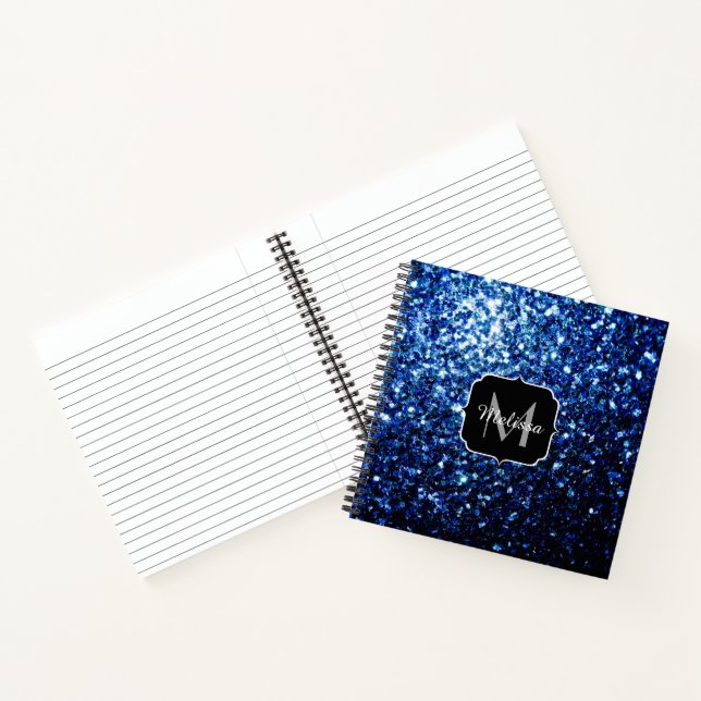Dark Blue deep shiny faux glitter sparkle Monogram Notebook (Inside)