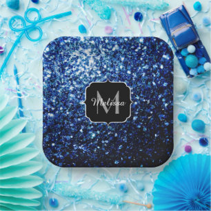 Dark Blue deep shiny faux glitter sparkle Monogram Paper Plate